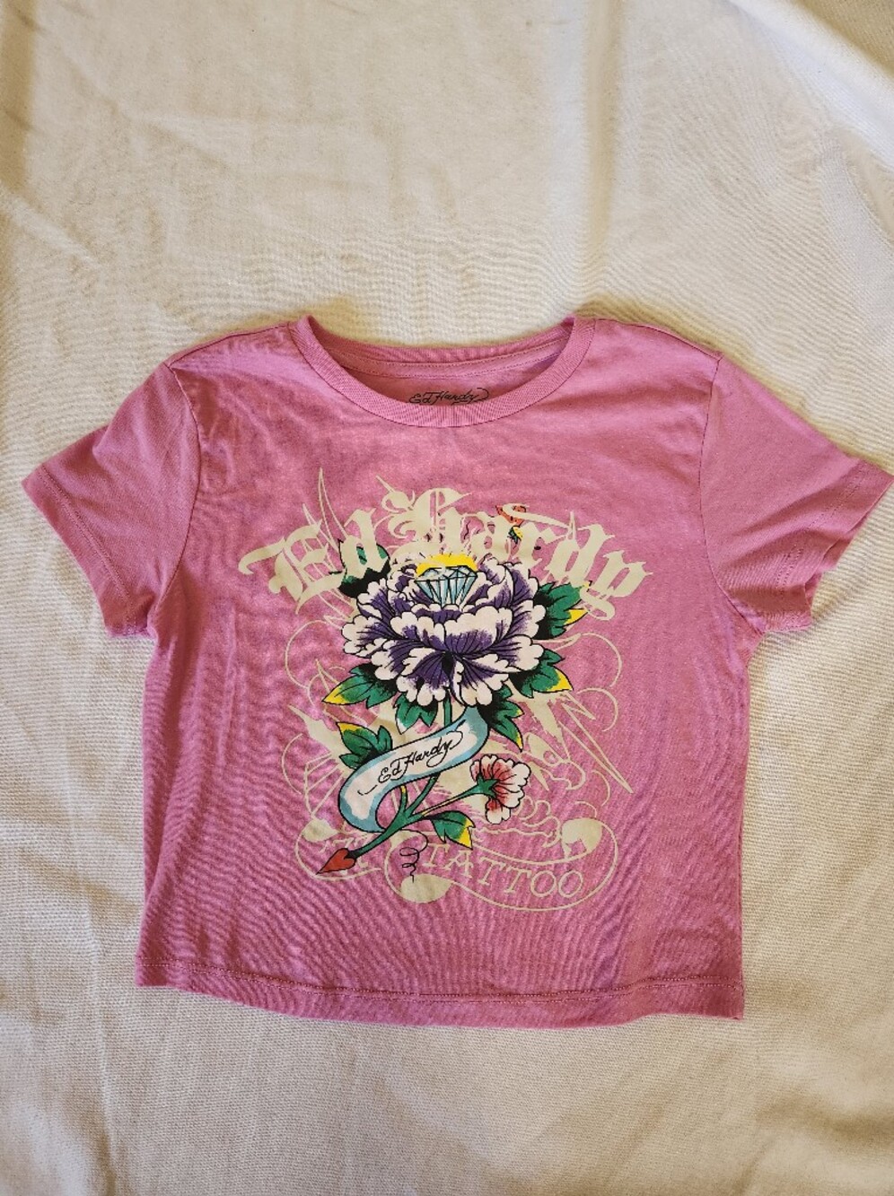 Ed Hardy Pink Graphic Baby Tee Tattoo Floral Y2K Size S